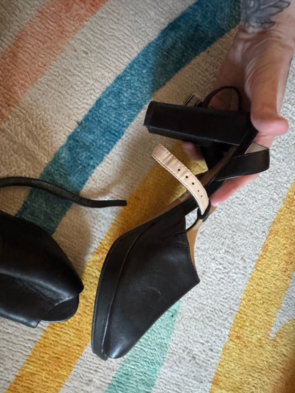 Clarks Black and White Leather Peep-Toe Slingbacks - Picture 2 of 2